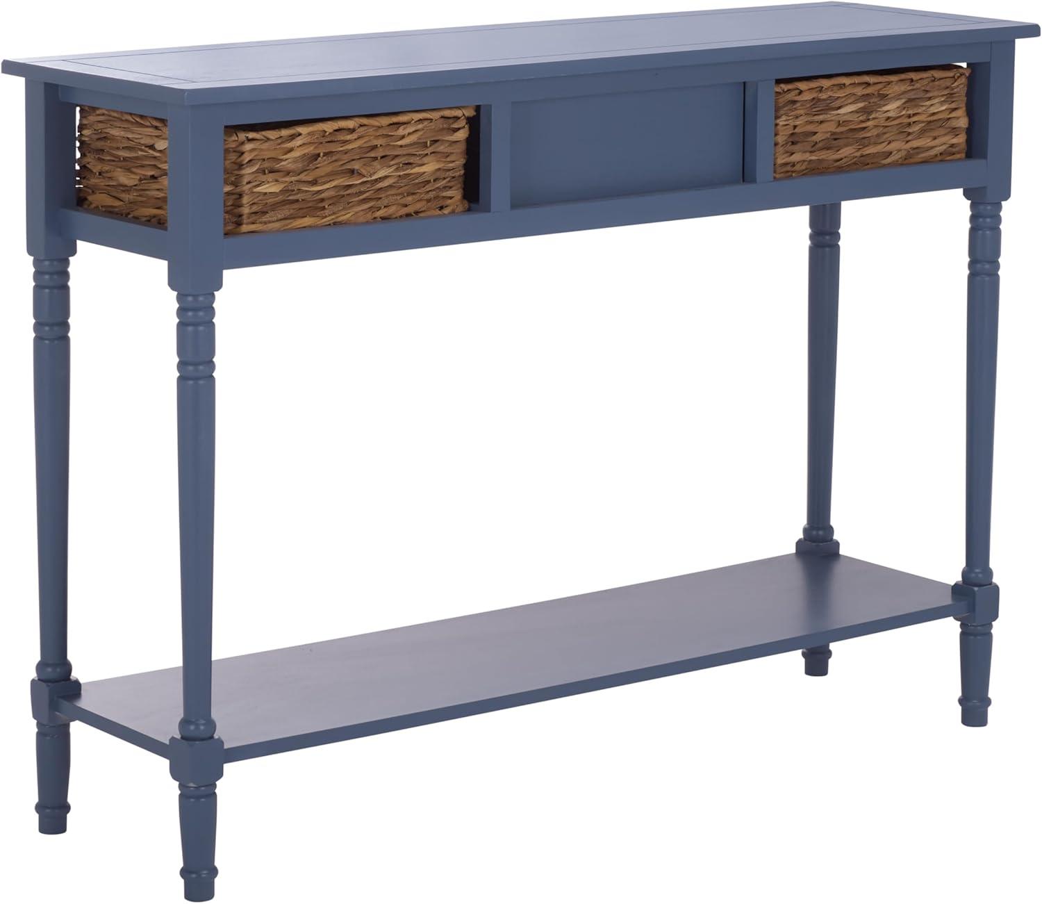 image:imageSAFAVIEH Home Collection Christa Entryway Console Table Blue Solid Wood 3Drawer Storage Sofa Table with Rattan Baskets AMH5737HBlue