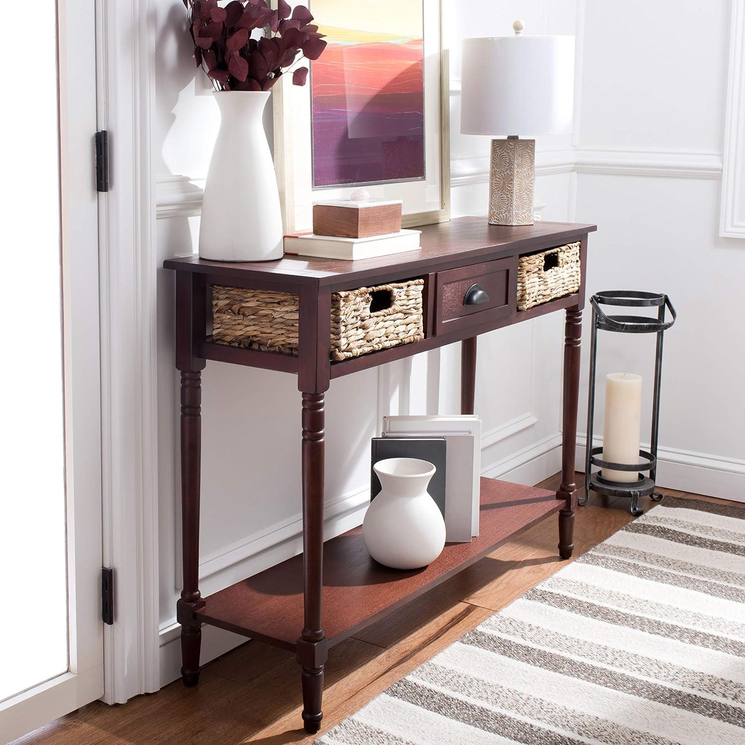image:imageSAFAVIEH Home Collection Christa Entryway Console Table Blue Solid Wood 3Drawer Storage Sofa Table with Rattan Baskets AMH5737HCherry