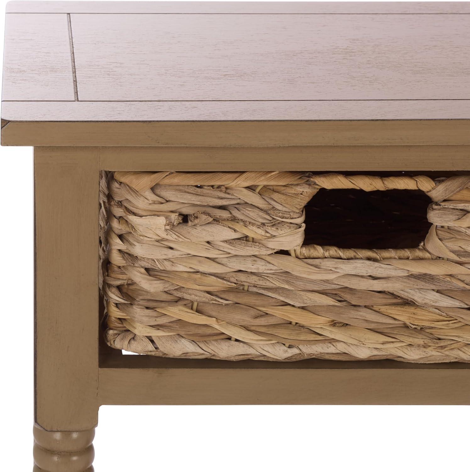 image:imageSAFAVIEH Home Collection Christa Entryway Console Table Blue Solid Wood 3Drawer Storage Sofa Table with Rattan Baskets AMH5737HDesert Brown