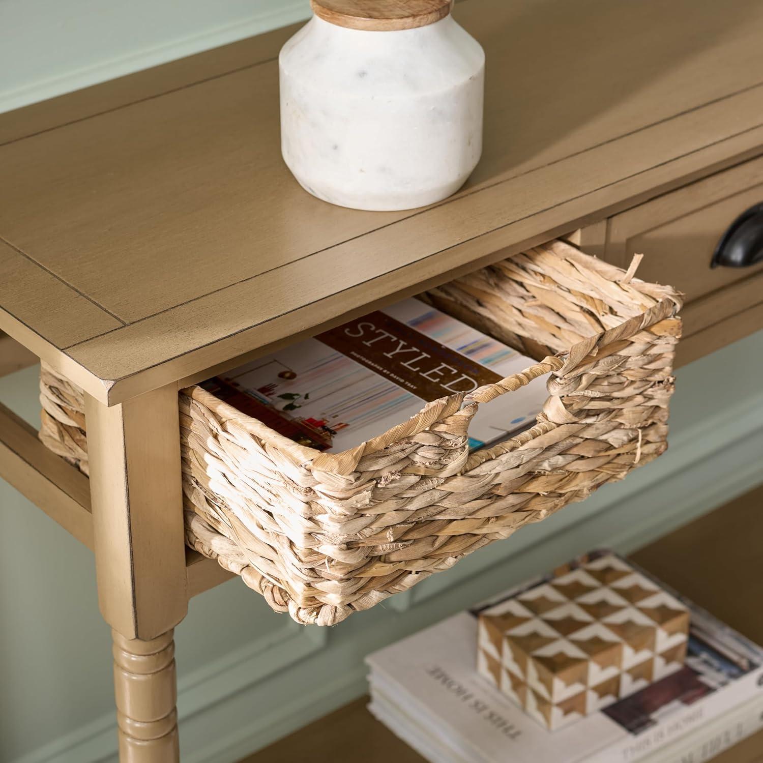 image:imageSAFAVIEH Home Collection Christa Entryway Console Table Blue Solid Wood 3Drawer Storage Sofa Table with Rattan Baskets AMH5737HDesert Brown