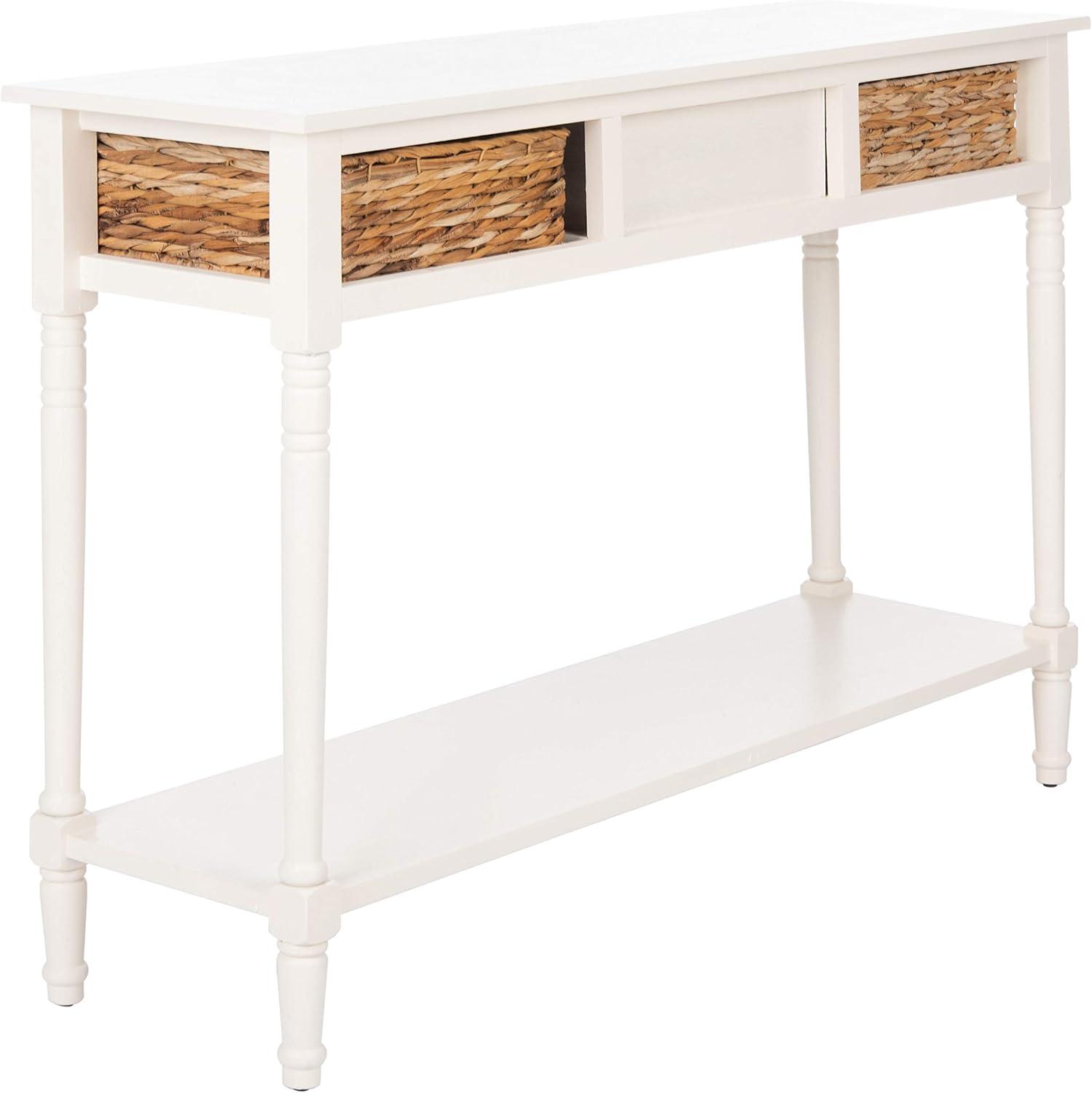 image:imageSAFAVIEH Home Collection Christa Entryway Console Table Blue Solid Wood 3Drawer Storage Sofa Table with Rattan Baskets AMH5737HVintage White