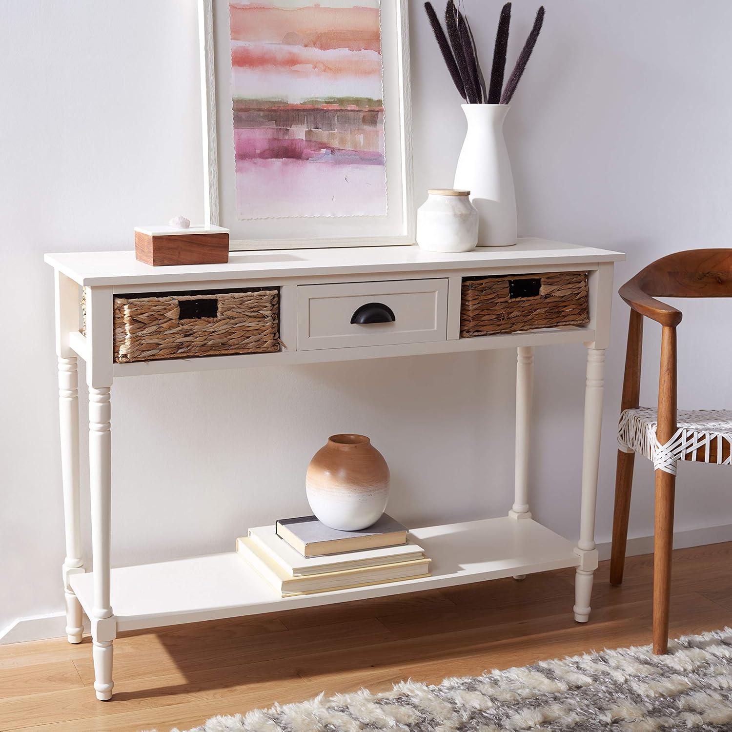 image:imageSAFAVIEH Home Collection Christa Entryway Console Table Blue Solid Wood 3Drawer Storage Sofa Table with Rattan Baskets AMH5737HVintage White