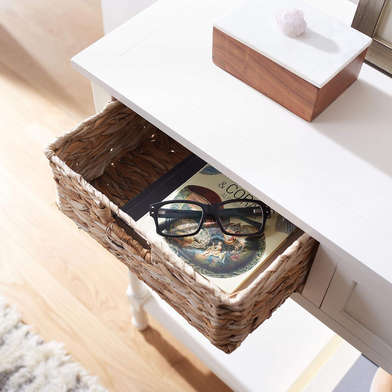 image:imageSAFAVIEH Home Collection Christa Entryway Console Table Blue Solid Wood 3Drawer Storage Sofa Table with Rattan Baskets AMH5737HVintage White