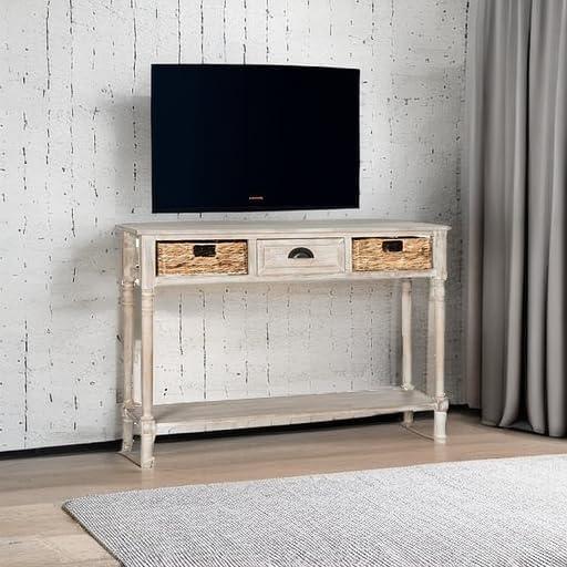 image:imageSAFAVIEH Home Collection Christa Entryway Console Table Blue Solid Wood 3Drawer Storage Sofa Table with Rattan Baskets AMH5737HWhite Washed