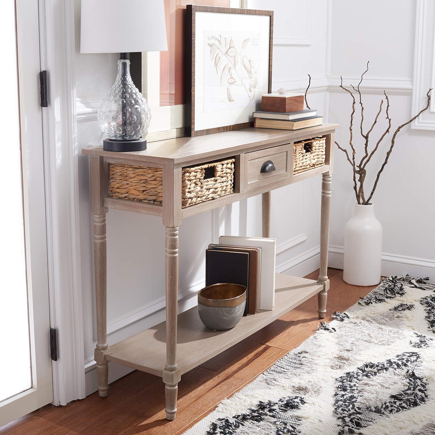 image:imageSAFAVIEH Home Collection Christa Entryway Console Table Blue Solid Wood 3Drawer Storage Sofa Table with Rattan Baskets AMH5737HWhite Washed