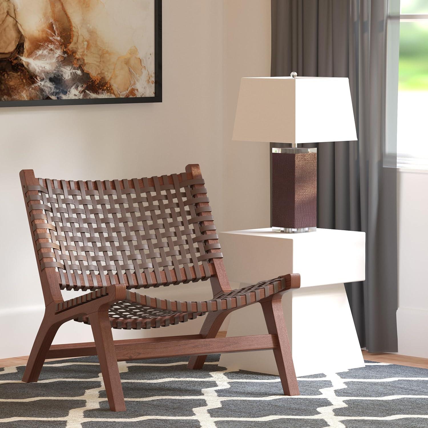 image:imageSAFAVIEH Home Collection Luna Brown amp Cognac Leather Woven Accent Chair Solid Wood Frame Contemporary Lounge Chair Fully Assembled ACH1002BBrown Brown