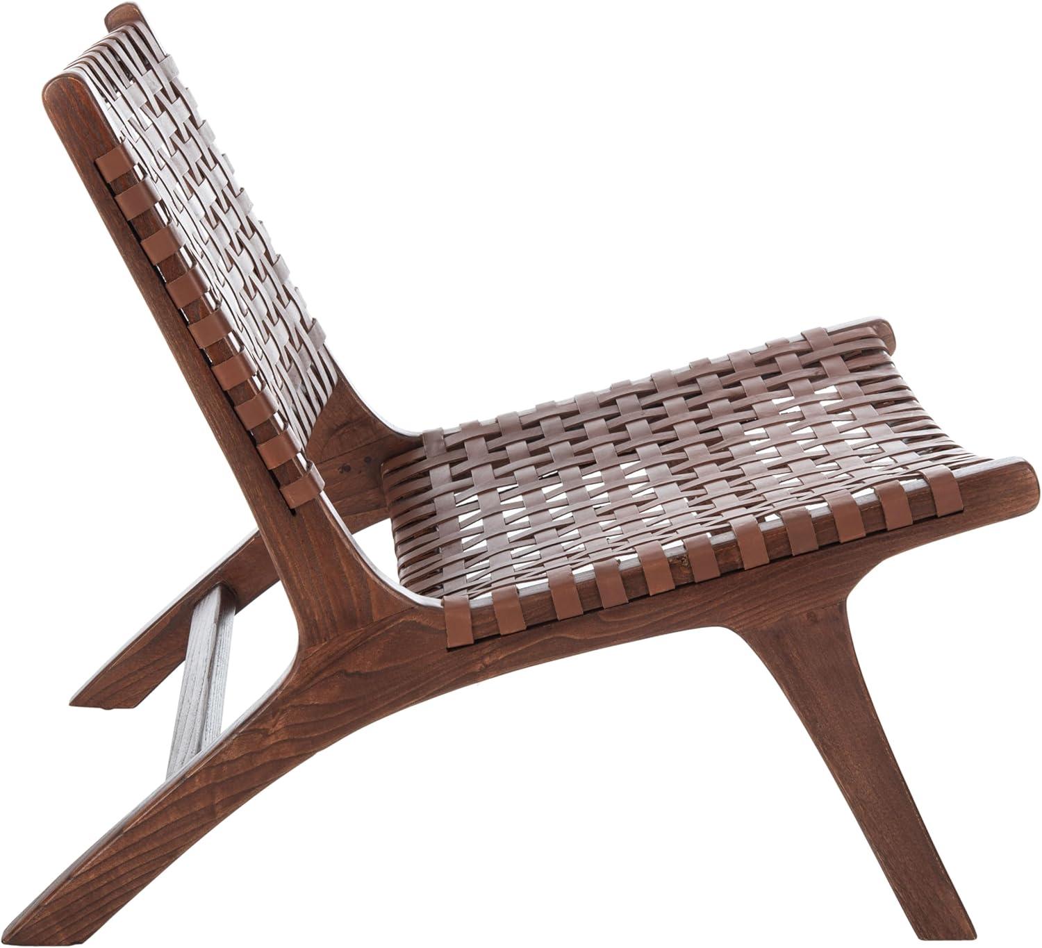 image:imageSAFAVIEH Home Collection Luna Brown amp Cognac Leather Woven Accent Chair Solid Wood Frame Contemporary Lounge Chair Fully Assembled ACH1002BCognac Brown