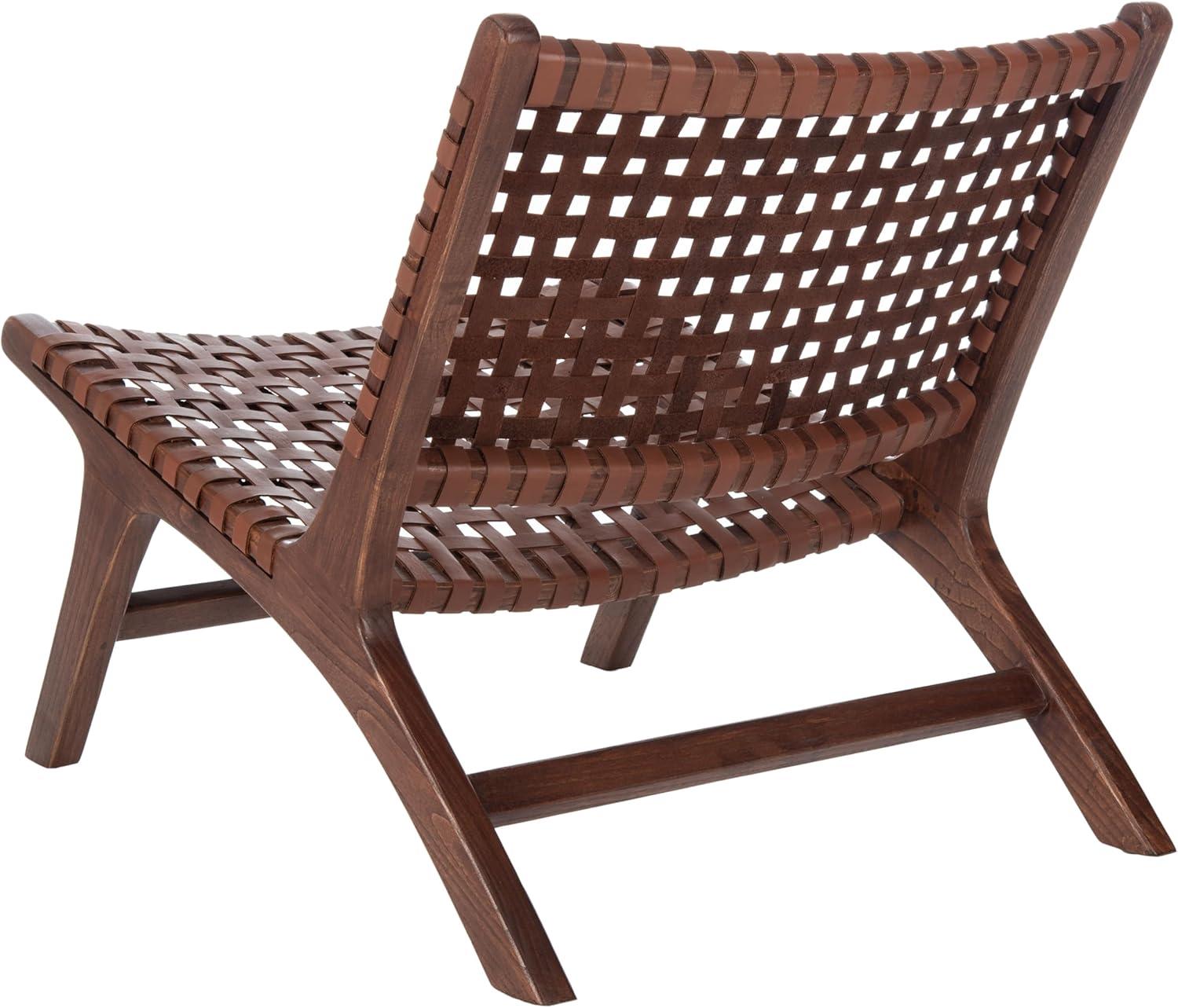 image:imageSAFAVIEH Home Collection Luna Brown amp Cognac Leather Woven Accent Chair Solid Wood Frame Contemporary Lounge Chair Fully Assembled ACH1002BCognac Brown
