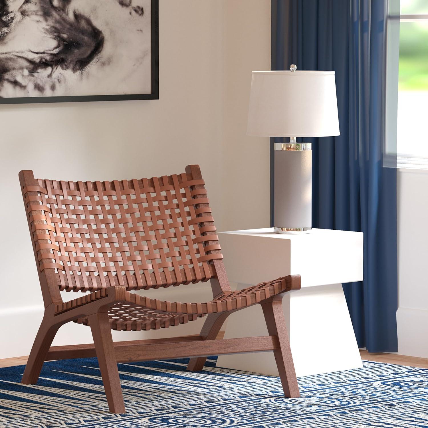 image:imageSAFAVIEH Home Collection Luna Brown amp Cognac Leather Woven Accent Chair Solid Wood Frame Contemporary Lounge Chair Fully Assembled ACH1002BCognac Brown