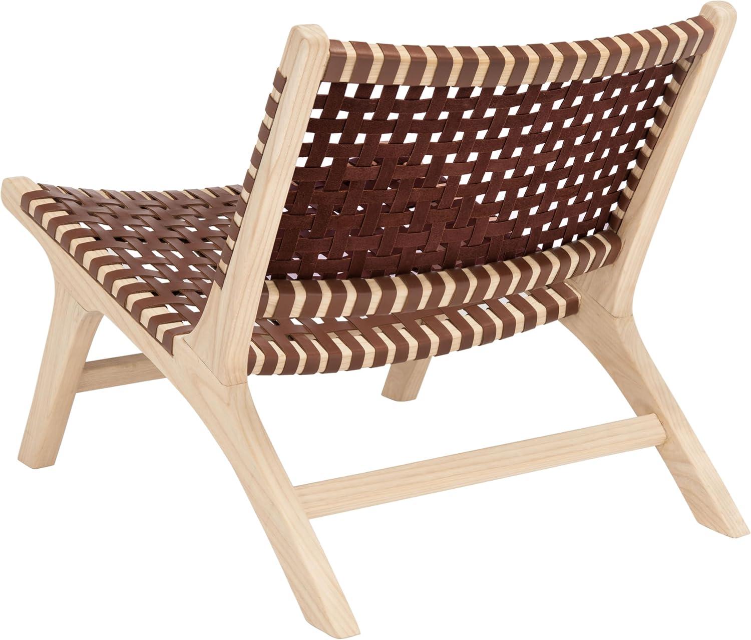 image:imageSAFAVIEH Home Collection Luna Brown amp Cognac Leather Woven Accent Chair Solid Wood Frame Contemporary Lounge Chair Fully Assembled ACH1002BCognac Natural