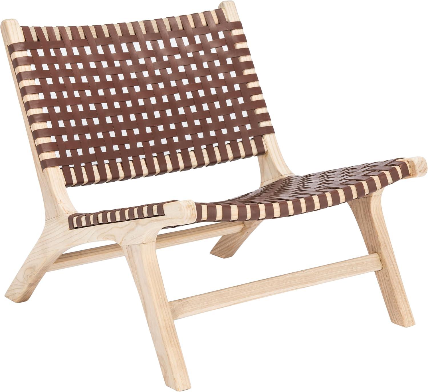 image:imageSAFAVIEH Home Collection Luna Brown amp Cognac Leather Woven Accent Chair Solid Wood Frame Contemporary Lounge Chair Fully Assembled ACH1002BCognac Natural