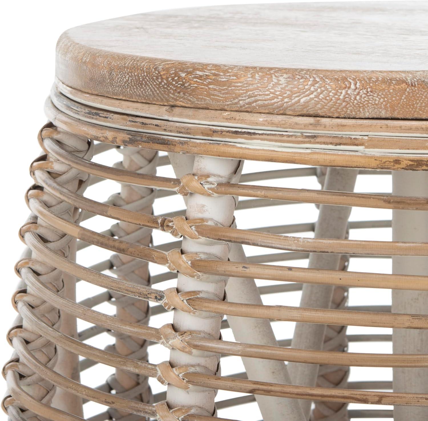 image:imageSAFAVIEH Home Collection Maui Honey Brown Wash Rattan Drum Accent Table Fully Assembled Coastal Modern Design STL6500BWhite Washed