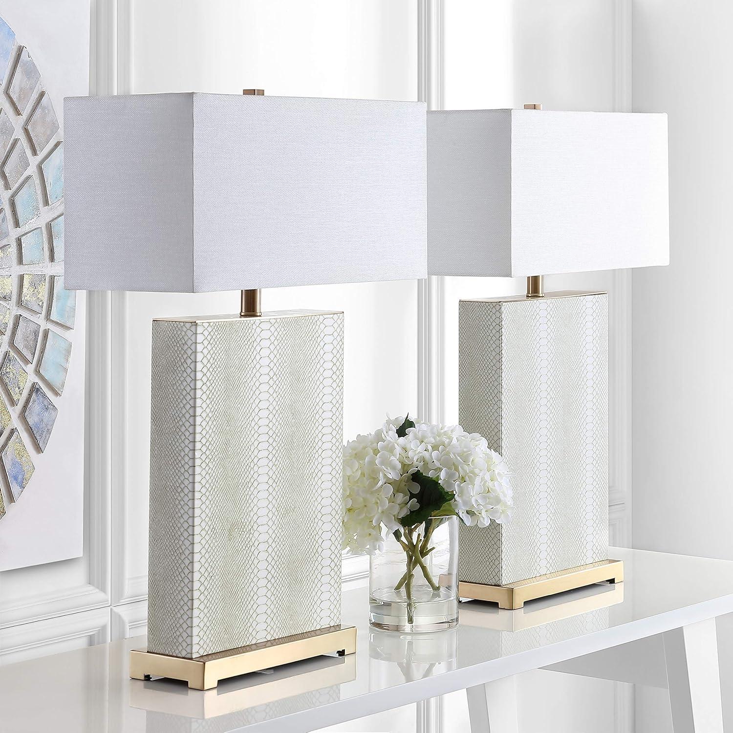 image:imageSAFAVIEH Lighting Collection Set of 2 Joyce Modern Art Deco Faux Snakeskin Table Lamps Cream with Brass Gold Accents 28Inch LED Bulbs Included Bedroom Living Room Home Office LIT4402GSET2Cream Faux Snakeskin Set of 2