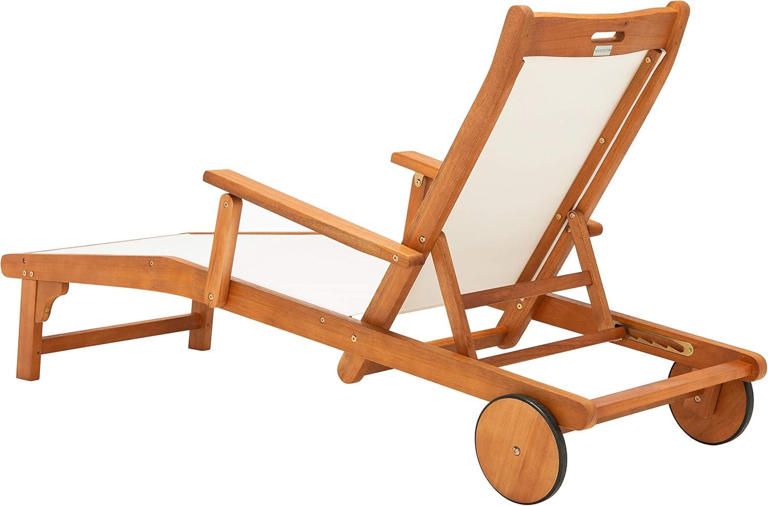 image:imageSAFAVIEH Outdoor Collection Kamson Natural Brown Solid WoodBeige Fabric Adjustable Chaise Lounge Chair PAT7071ANatural Beige