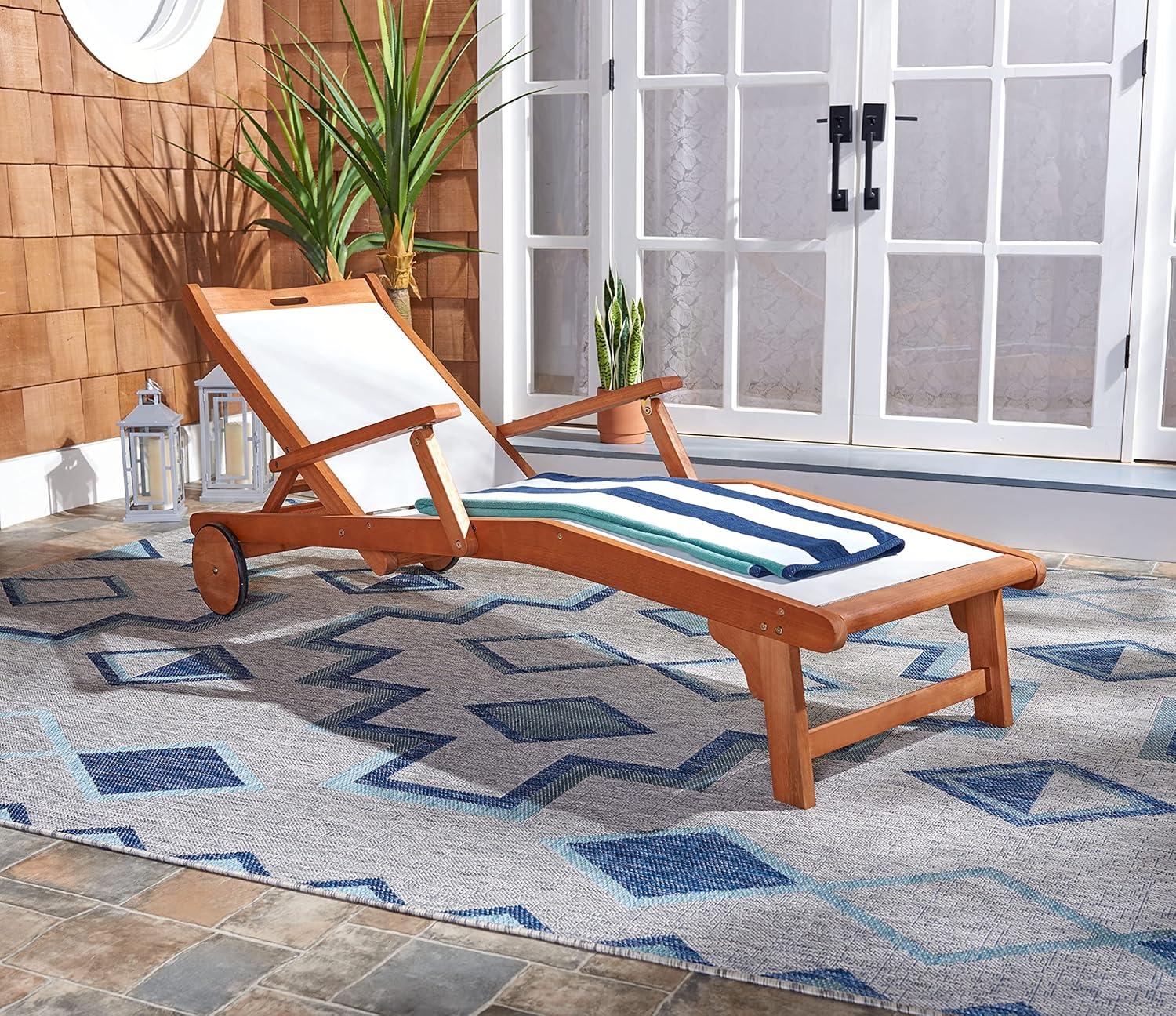 image:imageSAFAVIEH Outdoor Collection Kamson Natural Brown Solid WoodBeige Fabric Adjustable Chaise Lounge Chair PAT7071ANatural Beige