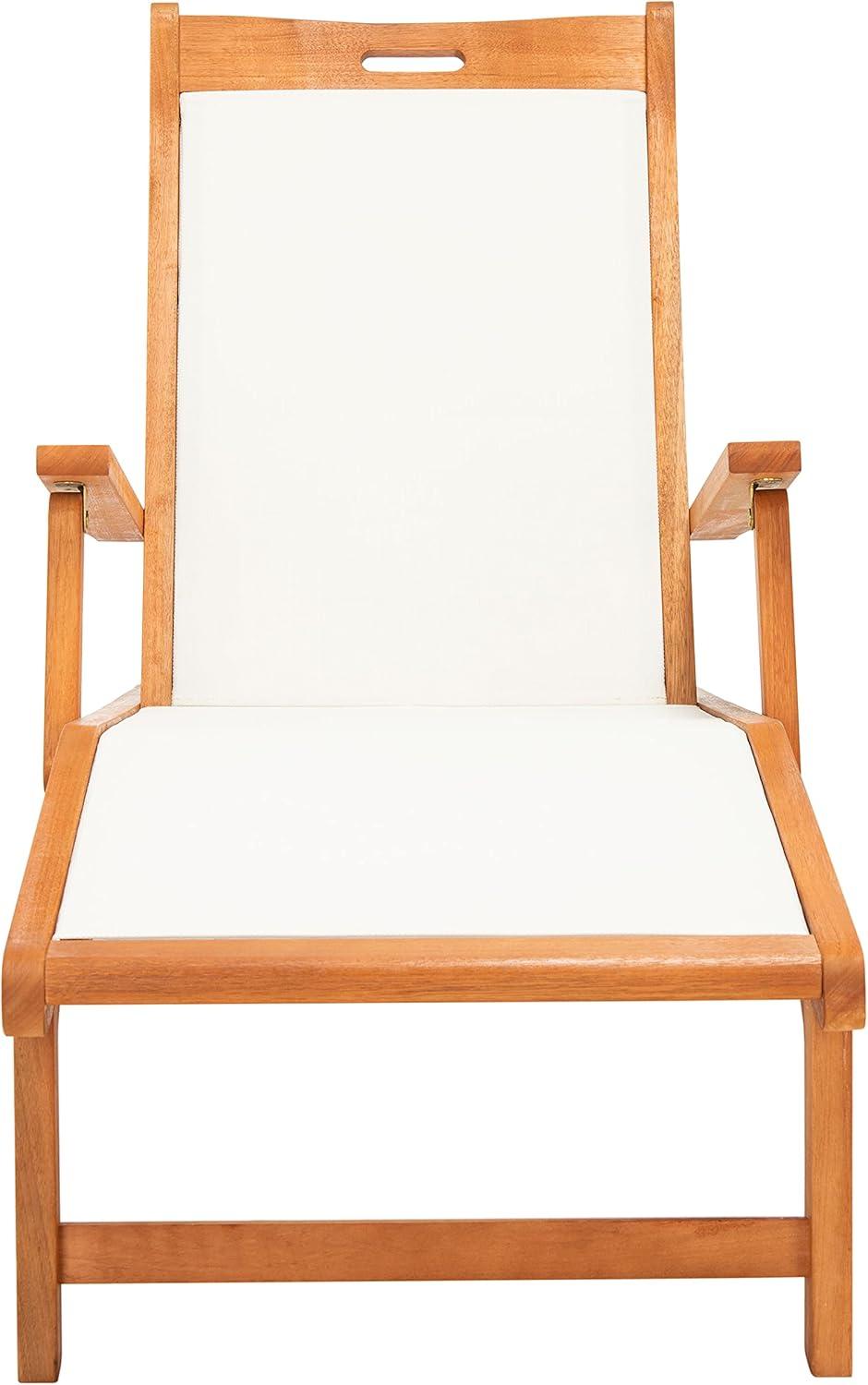 image:imageSAFAVIEH Outdoor Collection Kamson Natural Brown Solid WoodBeige Fabric Adjustable Chaise Lounge Chair PAT7071ANatural Beige