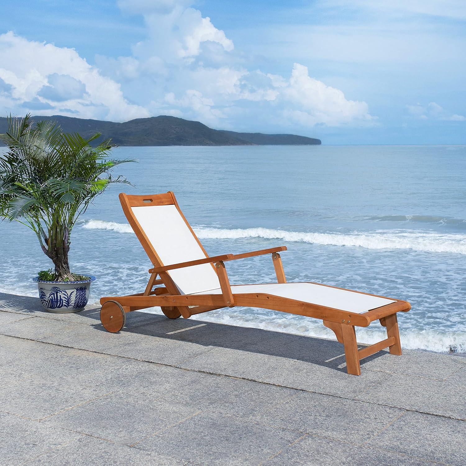 image:imageSAFAVIEH Outdoor Collection Kamson Natural Brown Solid WoodBeige Fabric Adjustable Chaise Lounge Chair PAT7071ANatural Beige