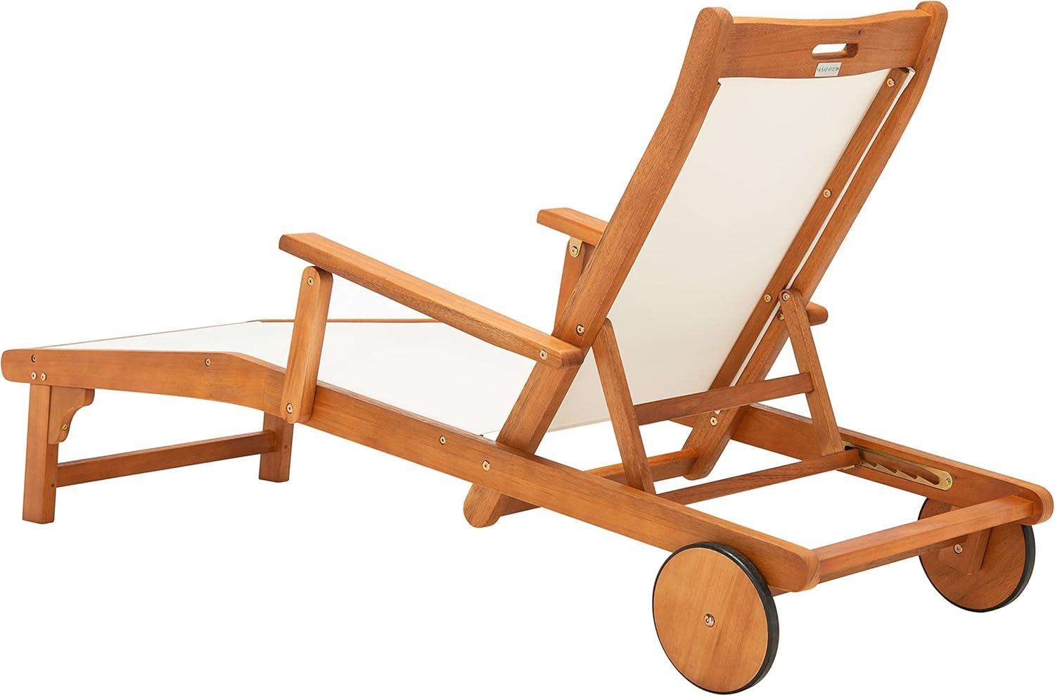 image:imageSAFAVIEH Outdoor Collection Kamson Natural Brown Solid WoodBeige Fabric Adjustable Chaise Lounge Chair PAT7071ANatural Beige