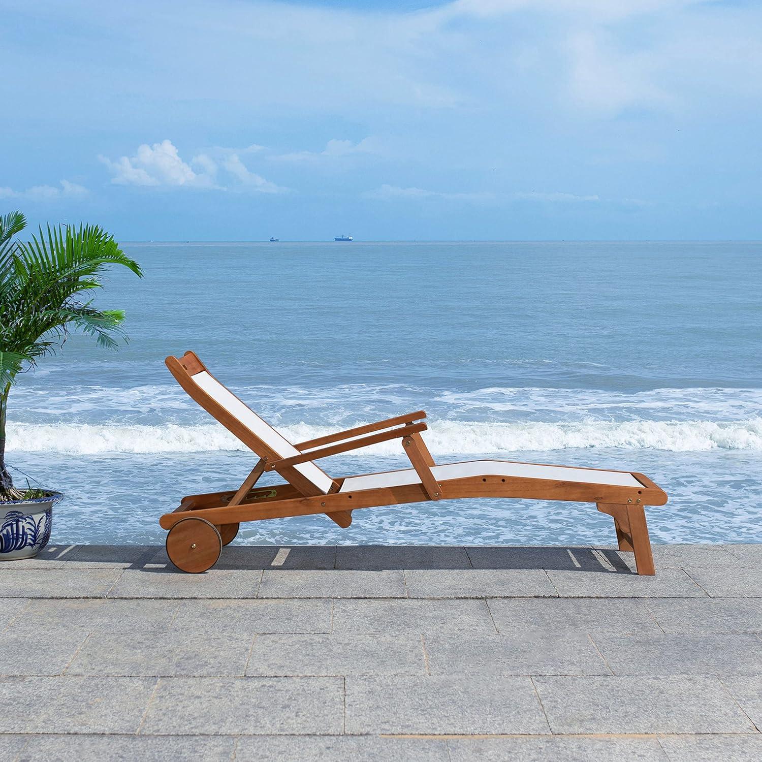 image:imageSAFAVIEH Outdoor Collection Kamson Natural Brown Solid WoodBeige Fabric Adjustable Chaise Lounge Chair PAT7071ANatural Beige