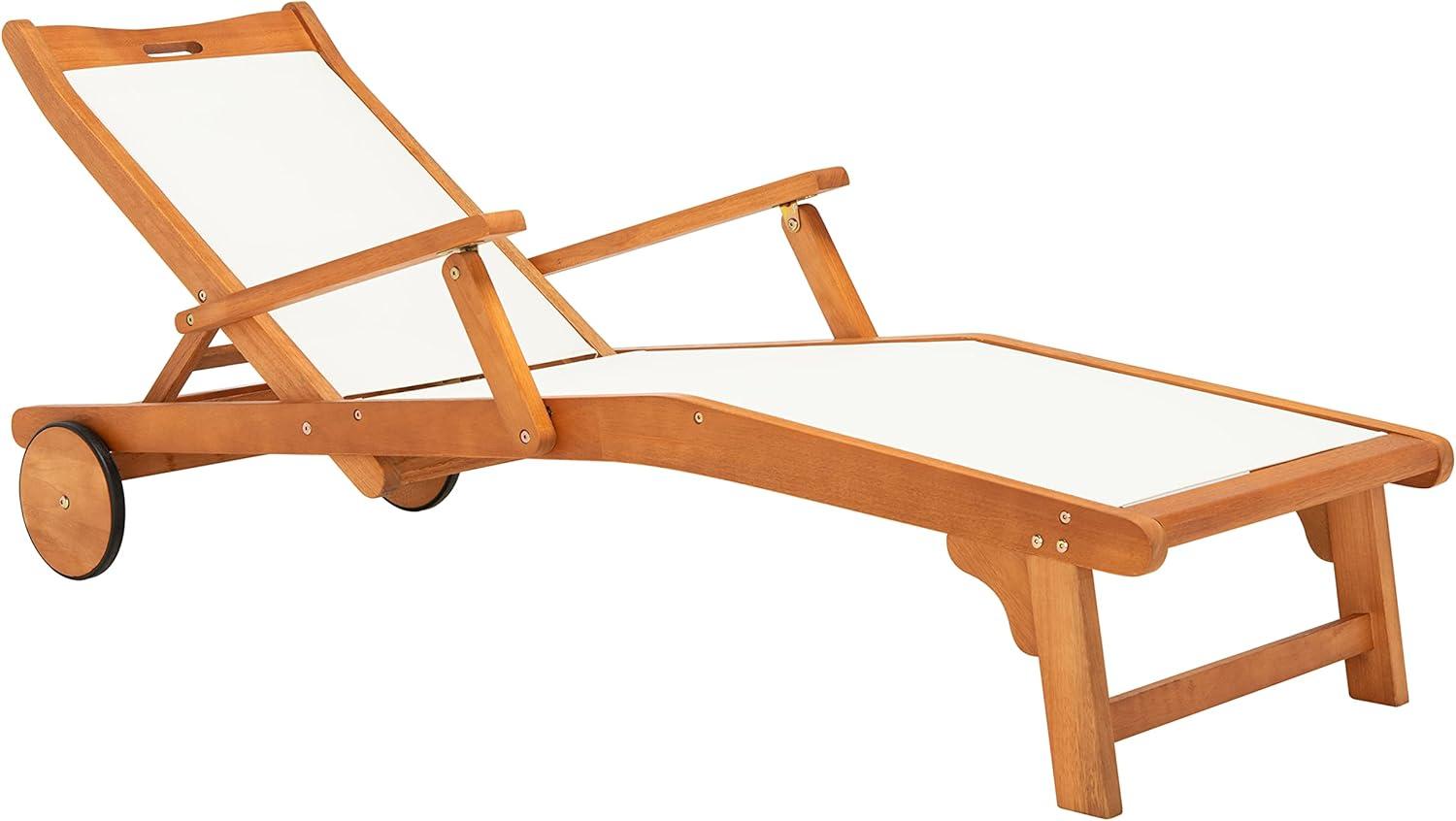 image:imageSAFAVIEH Outdoor Collection Kamson Natural Brown Solid WoodBeige Fabric Adjustable Chaise Lounge Chair PAT7071ANatural Beige