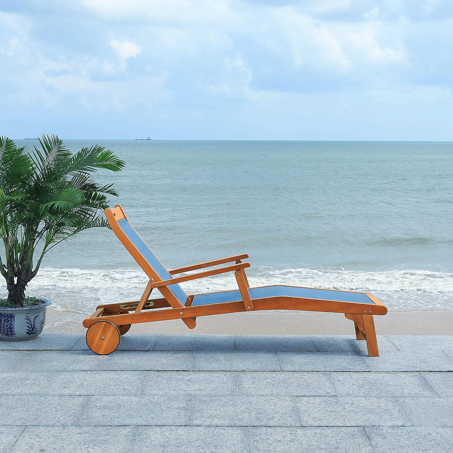 image:imageSAFAVIEH Outdoor Collection Kamson Natural Brown Solid WoodBeige Fabric Adjustable Chaise Lounge Chair PAT7071ANatural Navy