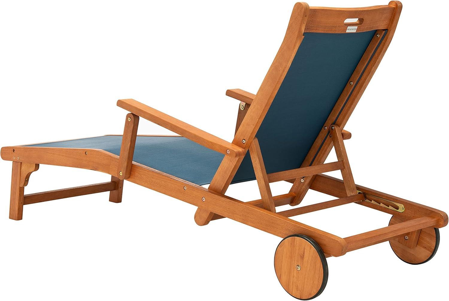 image:imageSAFAVIEH Outdoor Collection Kamson Natural Brown Solid WoodBeige Fabric Adjustable Chaise Lounge Chair PAT7071ANatural Navy