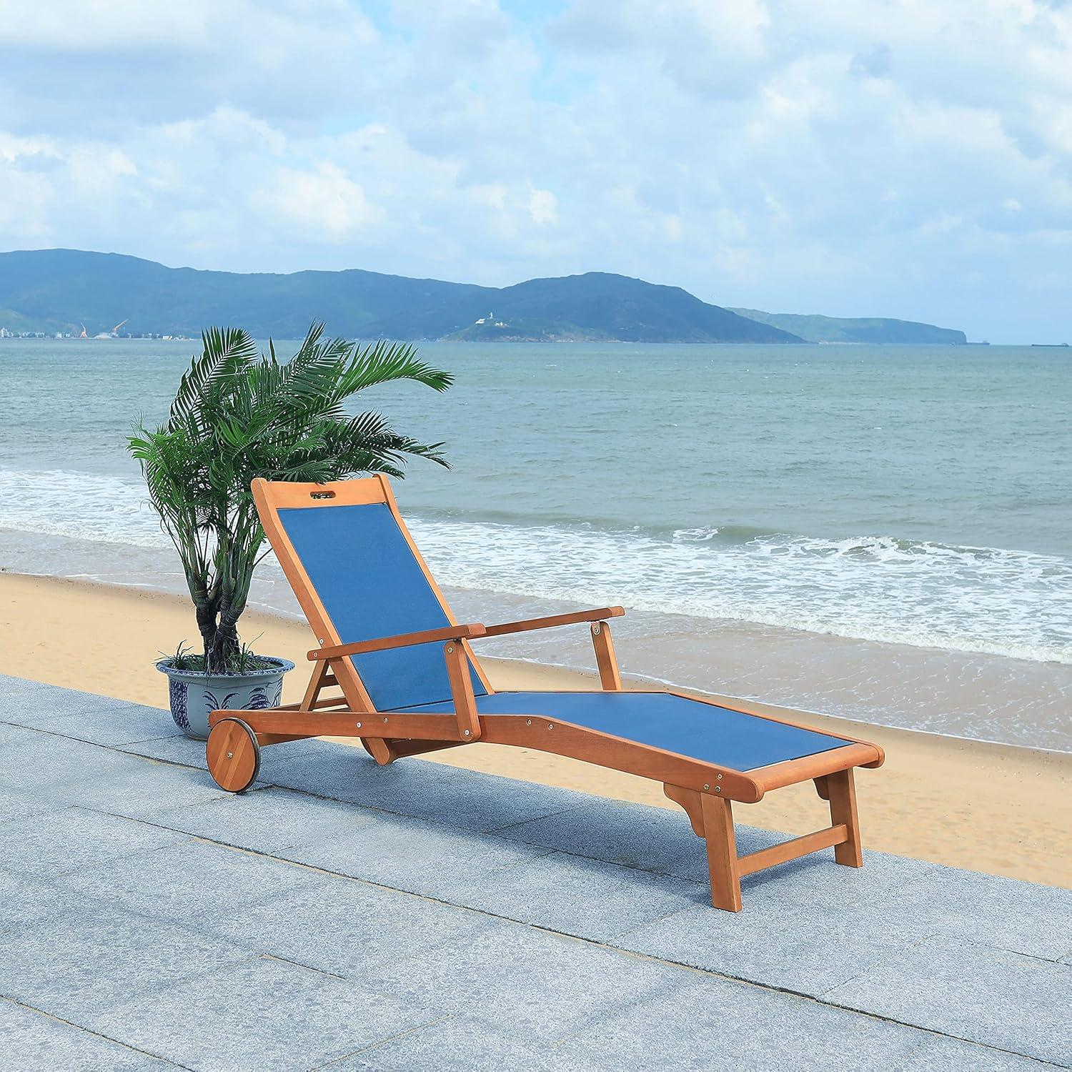 image:imageSAFAVIEH Outdoor Collection Kamson Natural Brown Solid WoodBeige Fabric Adjustable Chaise Lounge Chair PAT7071ANatural Navy