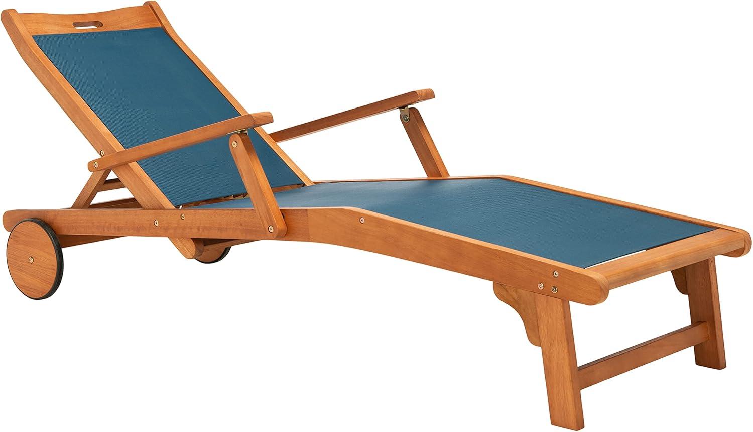 image:imageSAFAVIEH Outdoor Collection Kamson Natural Brown Solid WoodBeige Fabric Adjustable Chaise Lounge Chair PAT7071ANatural Navy