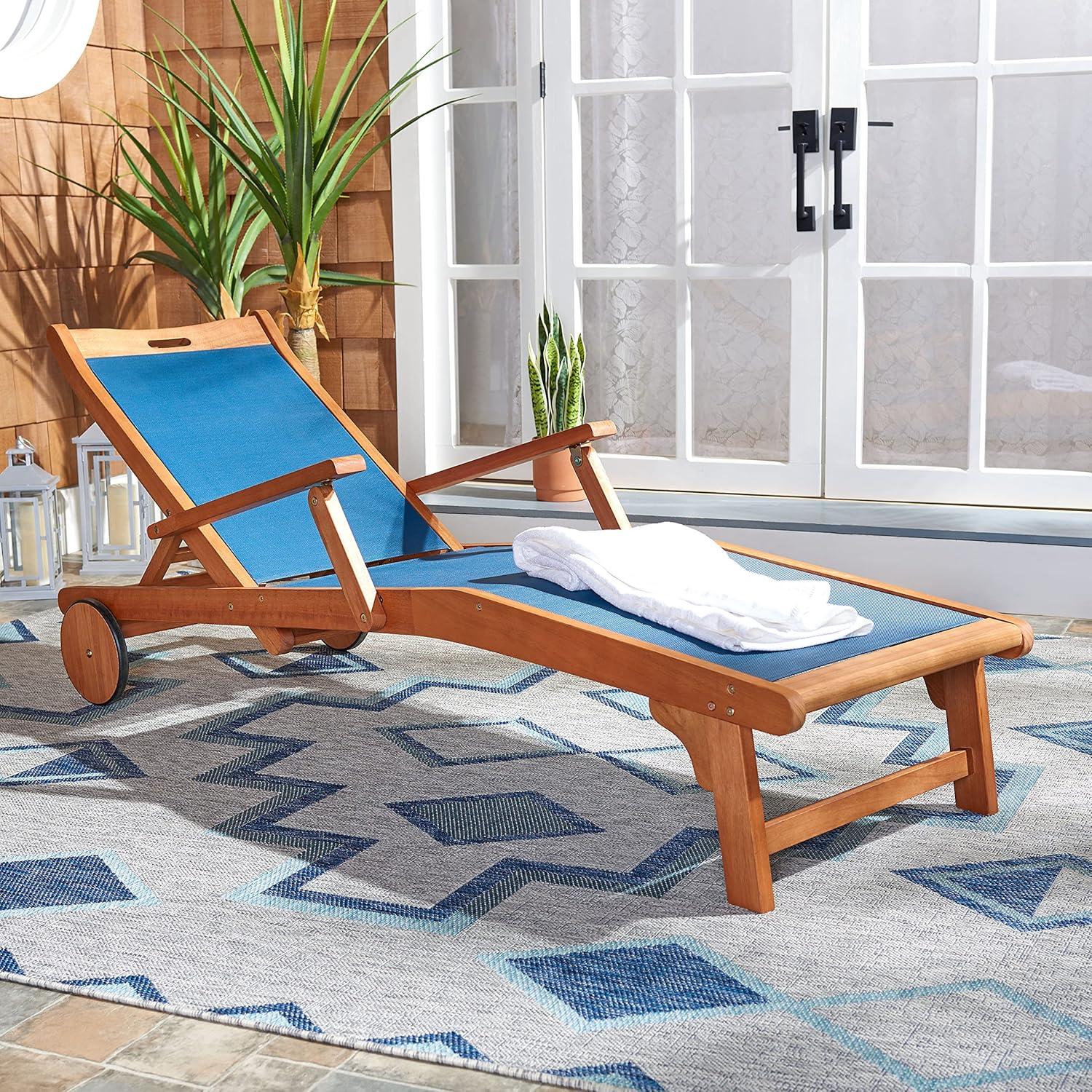 image:imageSAFAVIEH Outdoor Collection Kamson Natural Brown Solid WoodBeige Fabric Adjustable Chaise Lounge Chair PAT7071ANatural Navy