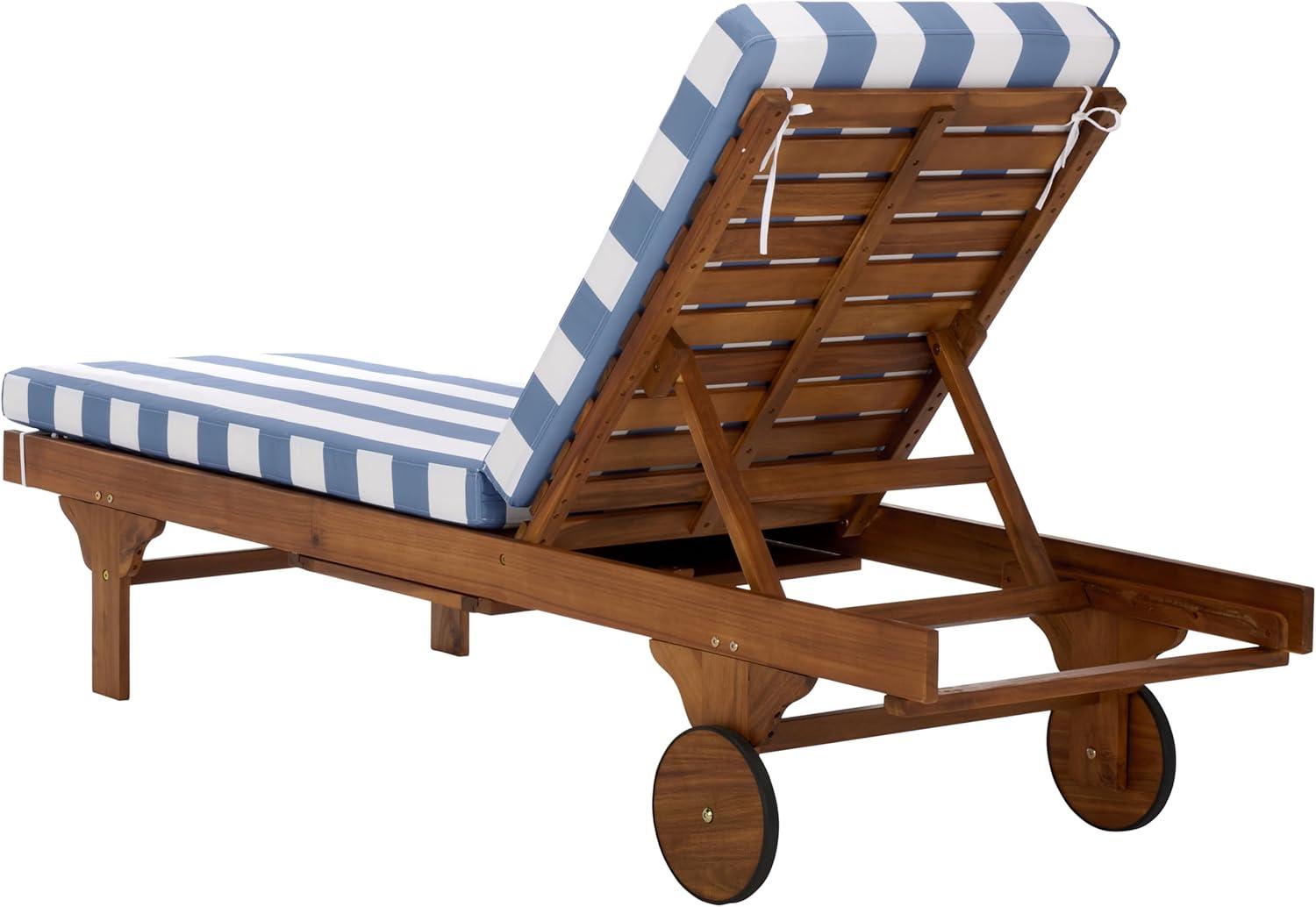 image:imageSAFAVIEH Outdoor Collection Newport NaturalBeige Cushion Black Piping Chaise Lounge Chair with Side TableNaturalBaby Blue Stripe