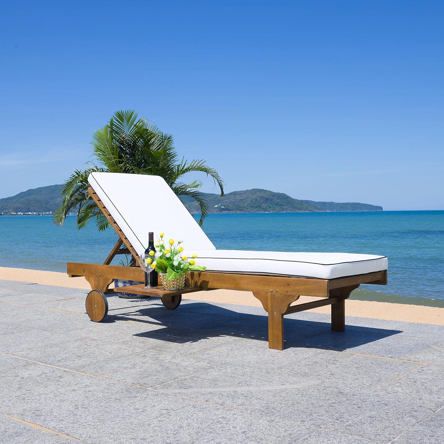image:imageSAFAVIEH Outdoor Collection Newport NaturalBeige Cushion Black Piping Chaise Lounge Chair with Side TableNaturalBeige