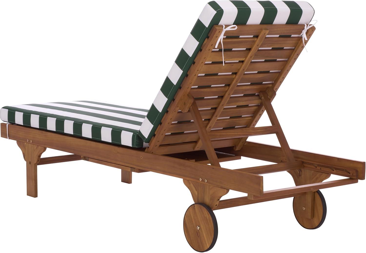 image:imageSAFAVIEH Outdoor Collection Newport NaturalBeige Cushion Black Piping Chaise Lounge Chair with Side TableNaturalHunter Green Stripe