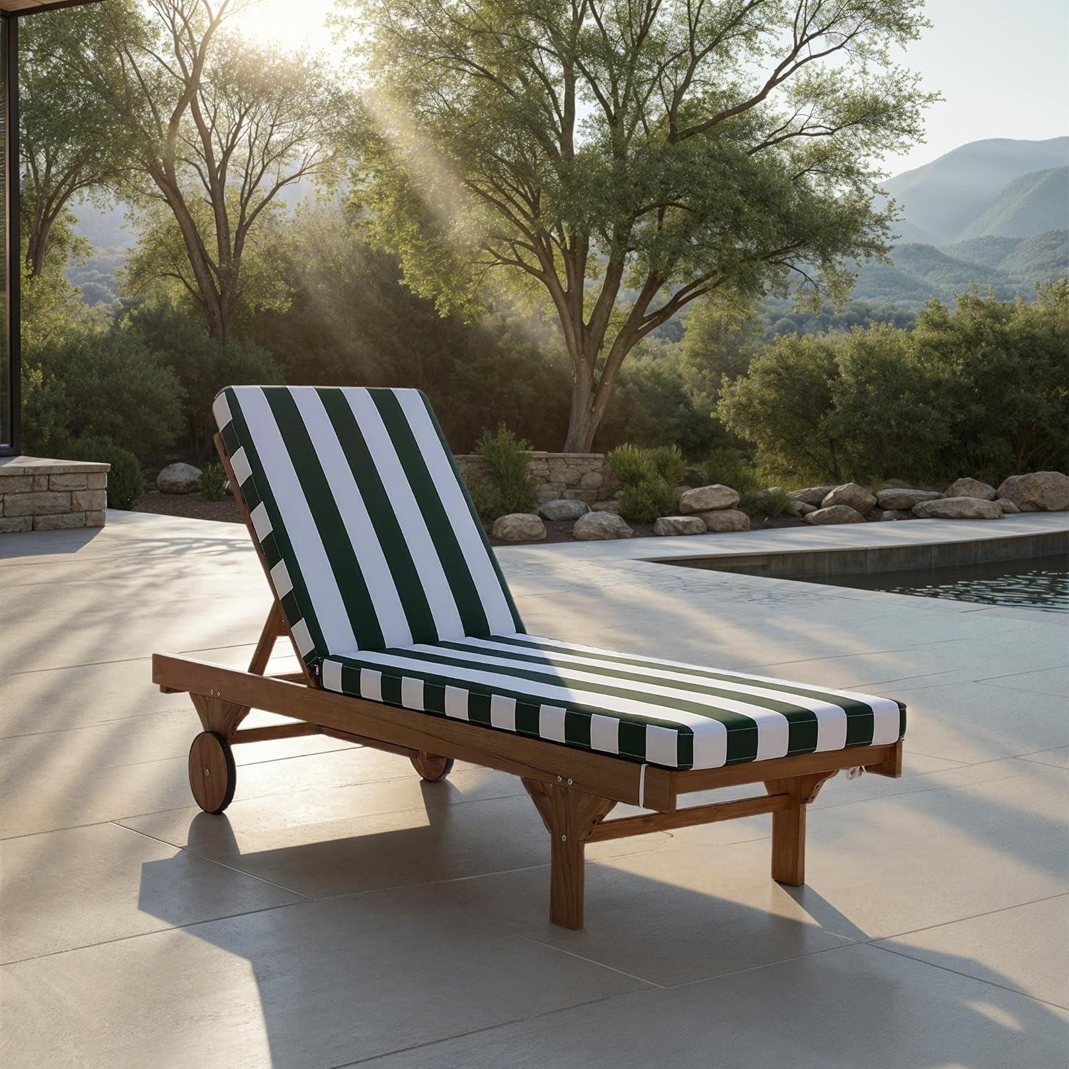 image:imageSAFAVIEH Outdoor Collection Newport NaturalBeige Cushion Black Piping Chaise Lounge Chair with Side TableNaturalHunter Green Stripe