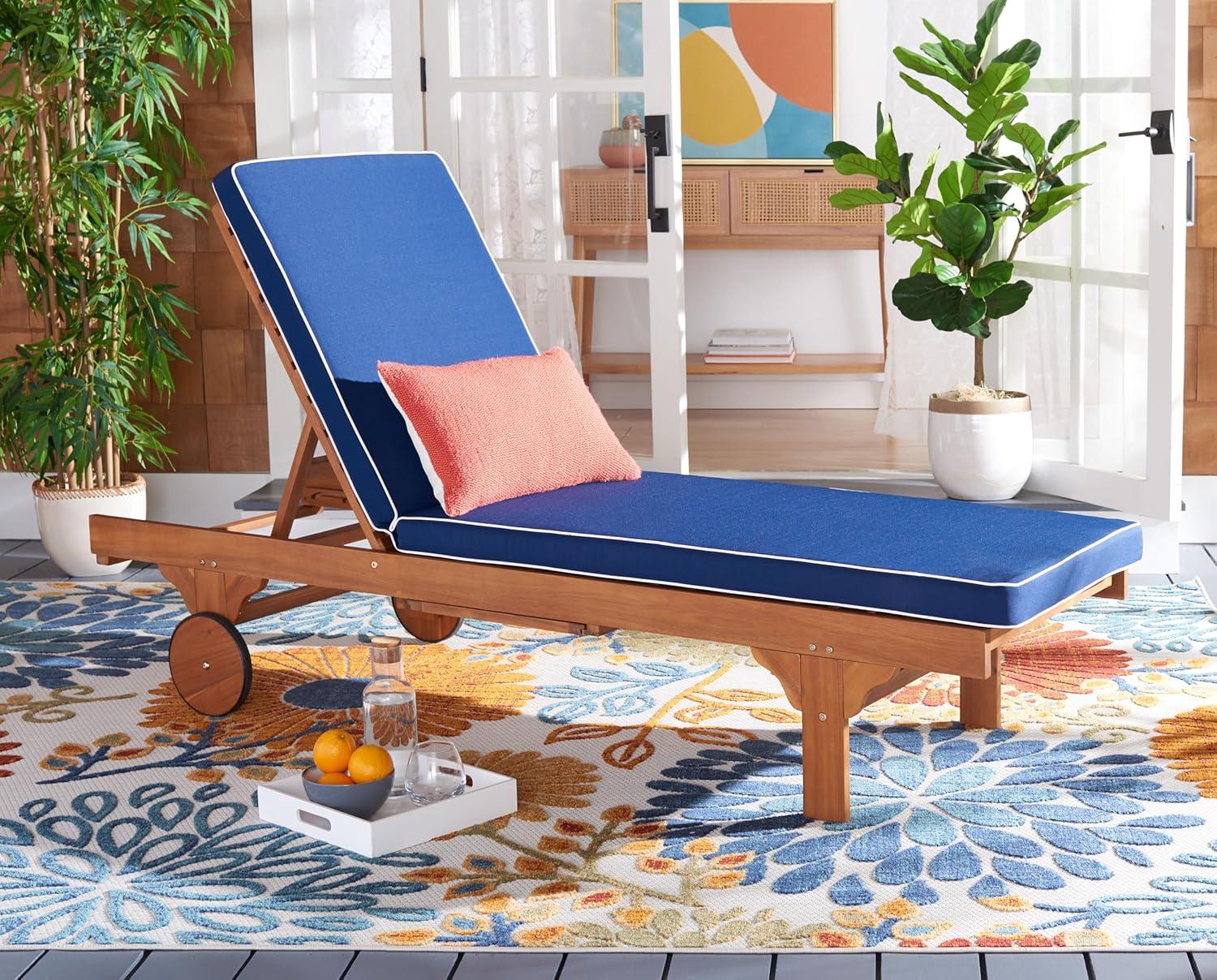 image:imageSAFAVIEH Outdoor Collection Newport NaturalBeige Cushion Black Piping Chaise Lounge Chair with Side TableNaturalNavy