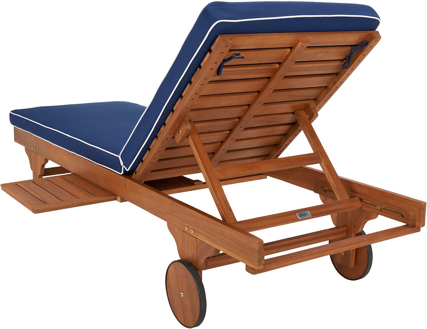 image:imageSAFAVIEH Outdoor Collection Newport NaturalBeige Cushion Black Piping Chaise Lounge Chair with Side TableNaturalNavy