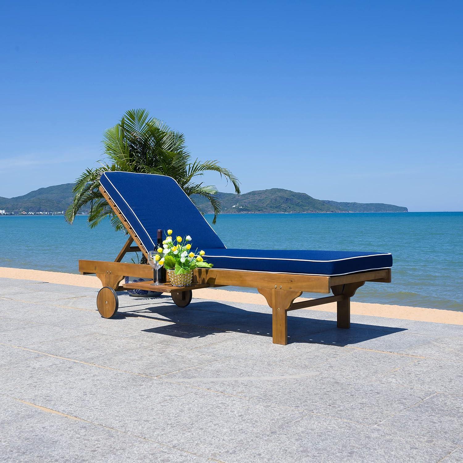 image:imageSAFAVIEH Outdoor Collection Newport NaturalBeige Cushion Black Piping Chaise Lounge Chair with Side TableNaturalNavy