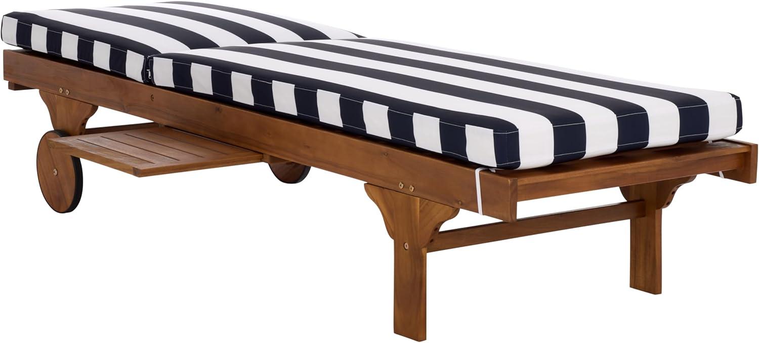 image:imageSAFAVIEH Outdoor Collection Newport NaturalBeige Cushion Black Piping Chaise Lounge Chair with Side TableNaturalNavy Striped