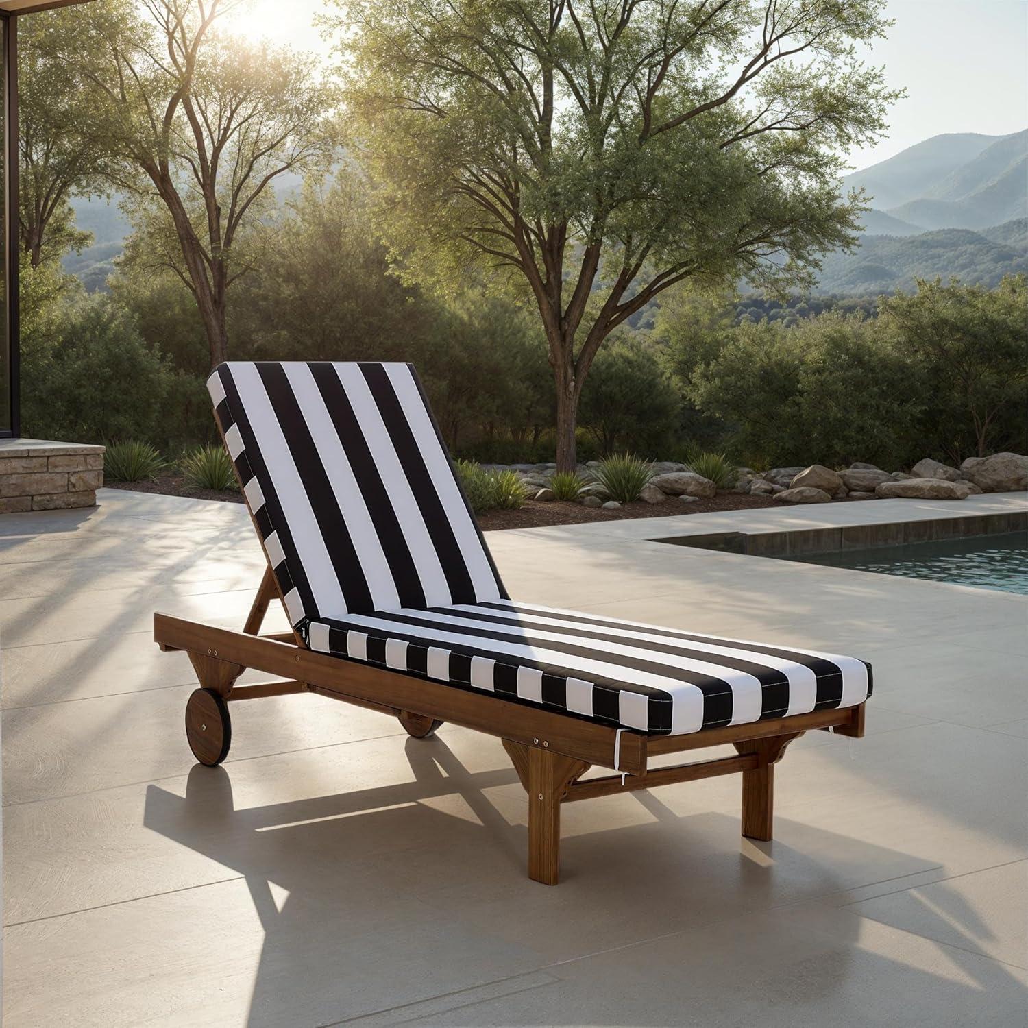 image:imageSAFAVIEH Outdoor Collection Newport NaturalBeige Cushion Black Piping Chaise Lounge Chair with Side TableNaturalNavy Striped