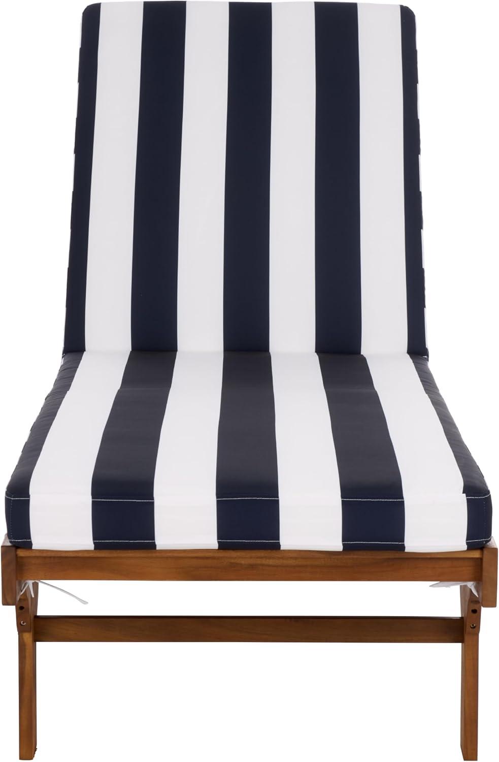 image:imageSAFAVIEH Outdoor Collection Newport NaturalBeige Cushion Black Piping Chaise Lounge Chair with Side TableNaturalNavy Striped