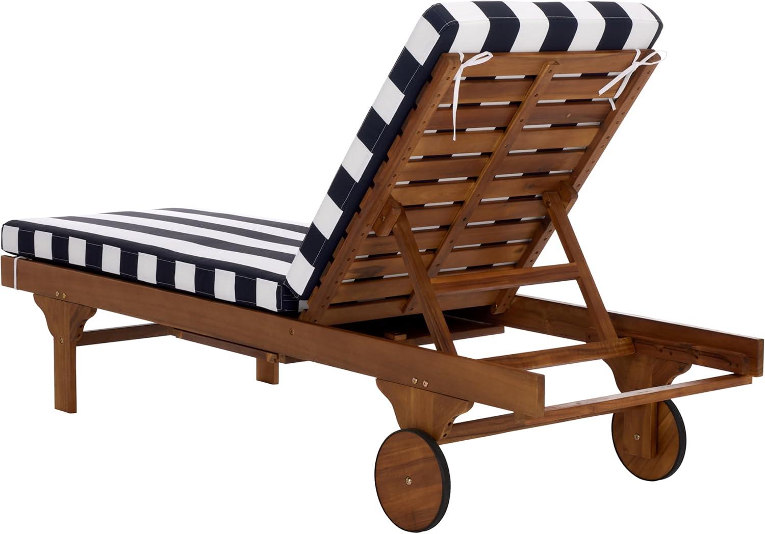 image:imageSAFAVIEH Outdoor Collection Newport NaturalBeige Cushion Black Piping Chaise Lounge Chair with Side TableNaturalNavy Striped