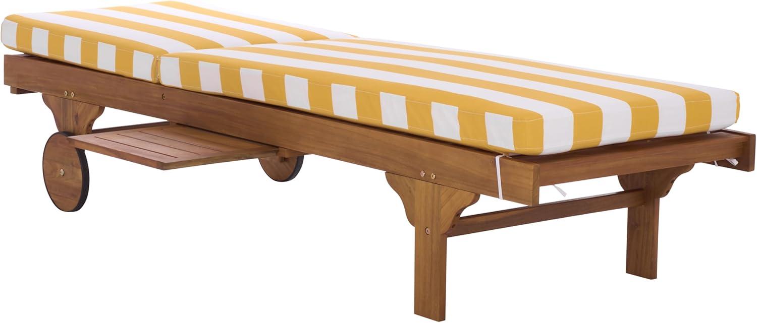image:imageSAFAVIEH Outdoor Collection Newport NaturalBeige Cushion Black Piping Chaise Lounge Chair with Side TableNaturalYellow Stripe