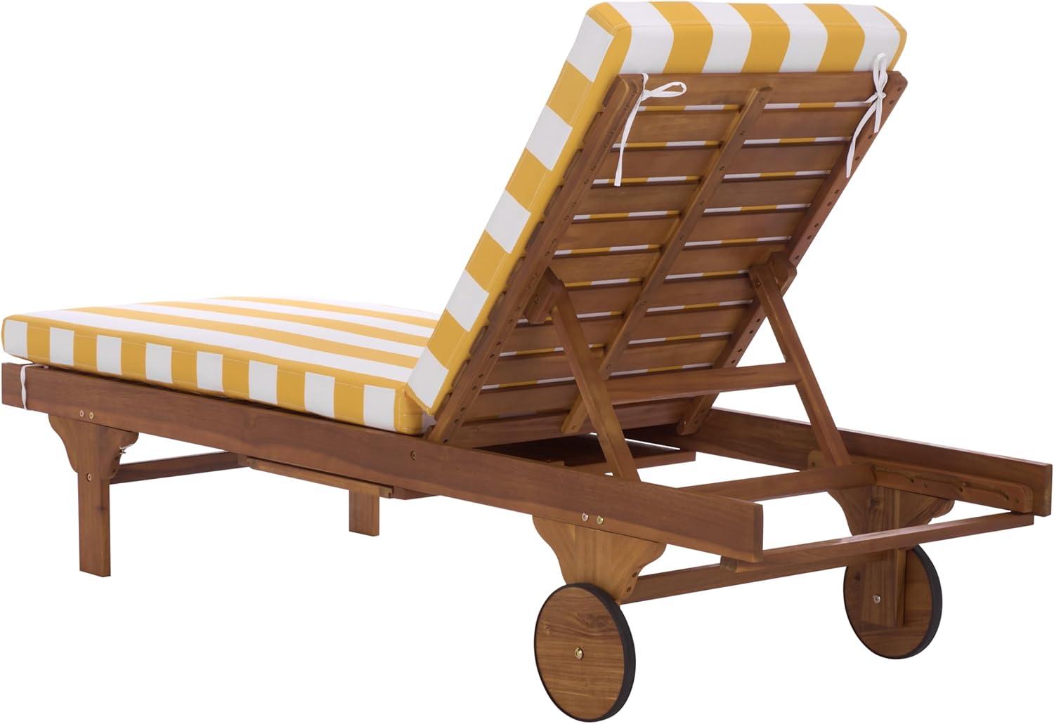 image:imageSAFAVIEH Outdoor Collection Newport NaturalBeige Cushion Black Piping Chaise Lounge Chair with Side TableNaturalYellow Stripe
