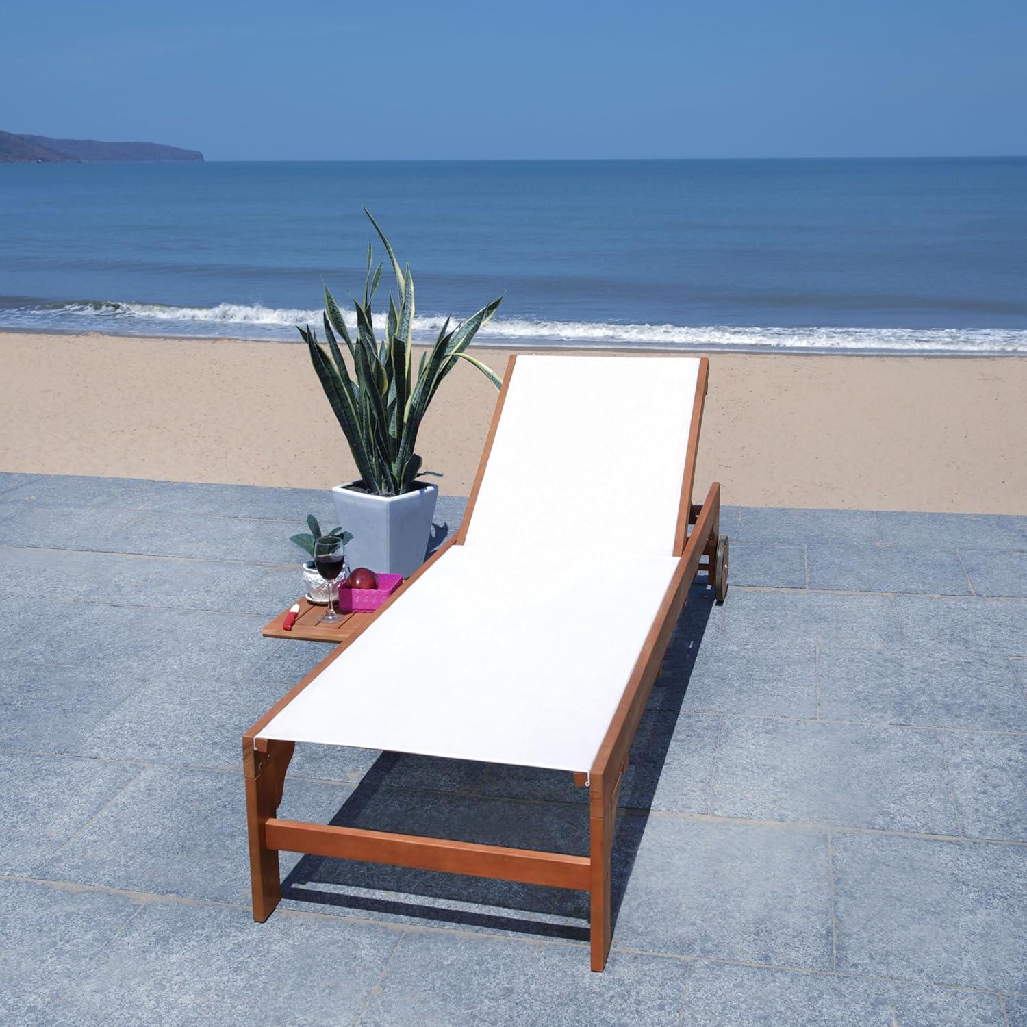 image:imageSAFAVIEH Outdoor Collection Ralden Natural Brown Solid WoodBeige Fabric Adjustable Chaise Lounge Chair PAT7070ANatural Beige