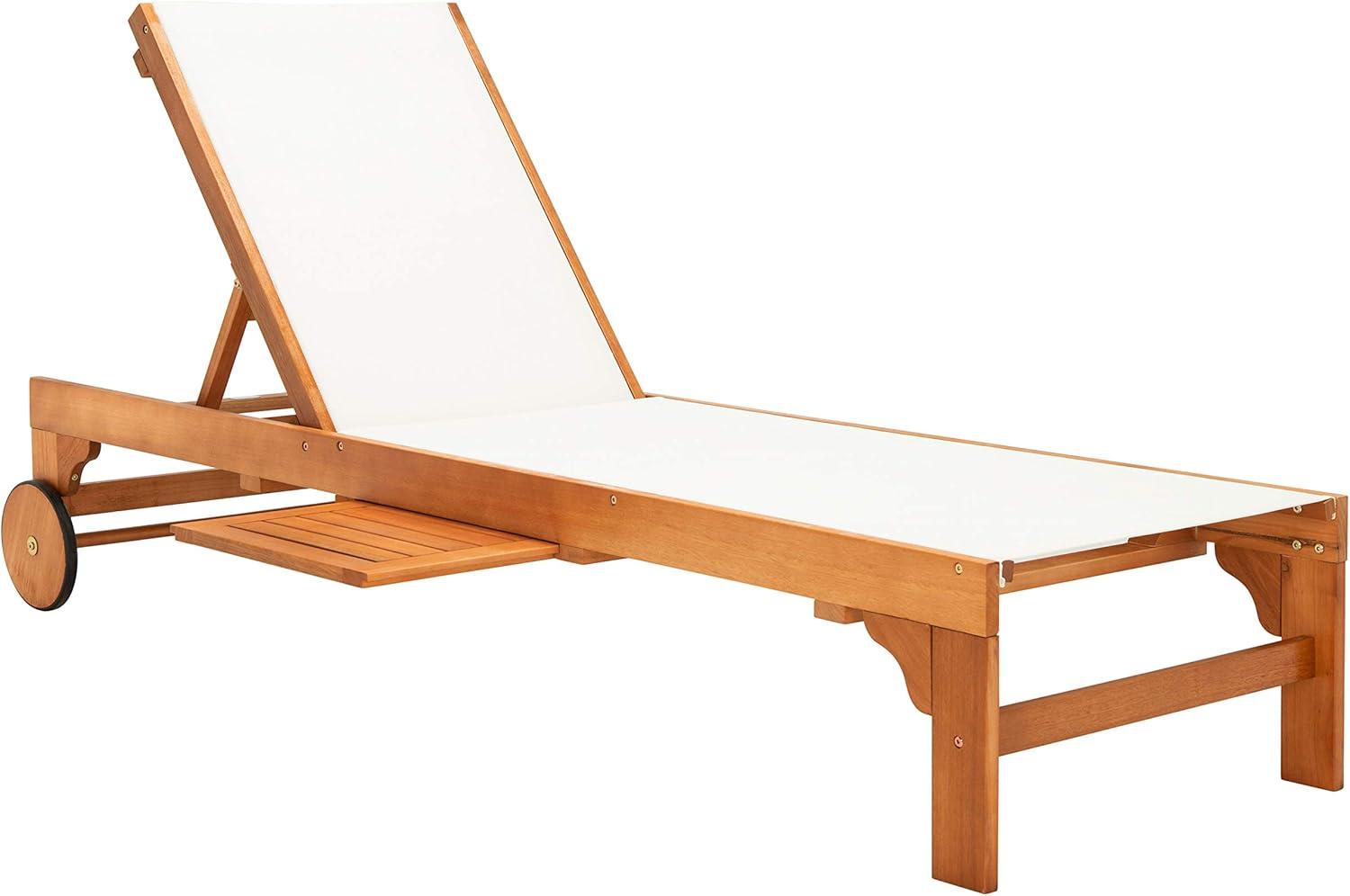 image:imageSAFAVIEH Outdoor Collection Ralden Natural Brown Solid WoodBeige Fabric Adjustable Chaise Lounge Chair PAT7070ANatural Beige