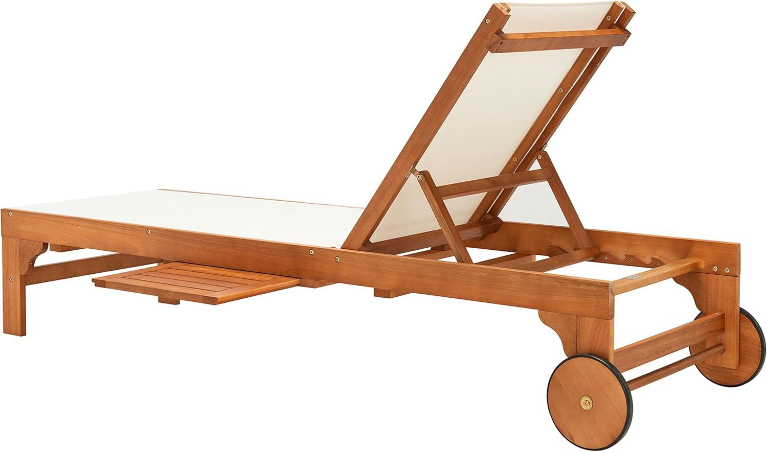 image:imageSAFAVIEH Outdoor Collection Ralden Natural Brown Solid WoodBeige Fabric Adjustable Chaise Lounge Chair PAT7070ANatural Beige