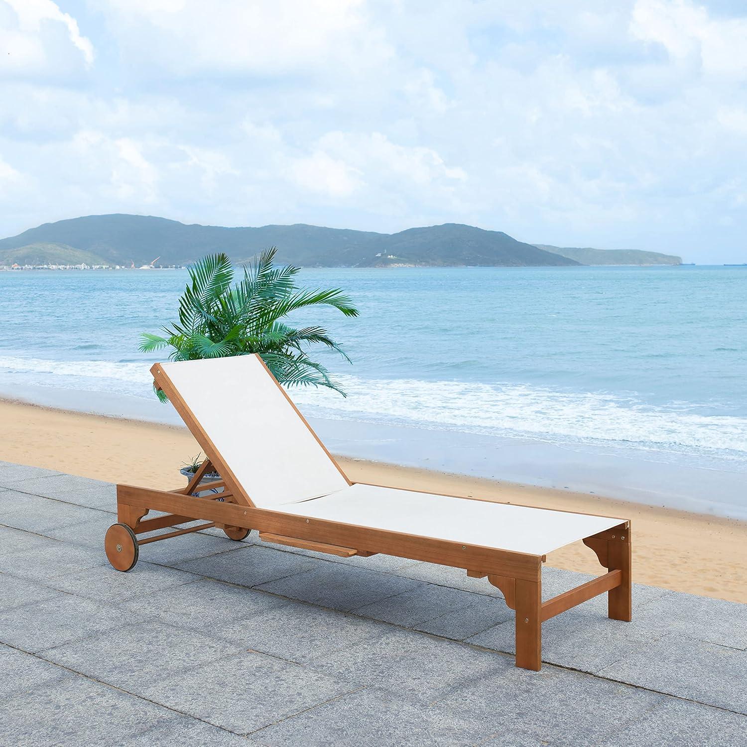 image:imageSAFAVIEH Outdoor Collection Ralden Natural Brown Solid WoodBeige Fabric Adjustable Chaise Lounge Chair PAT7070ANatural Beige