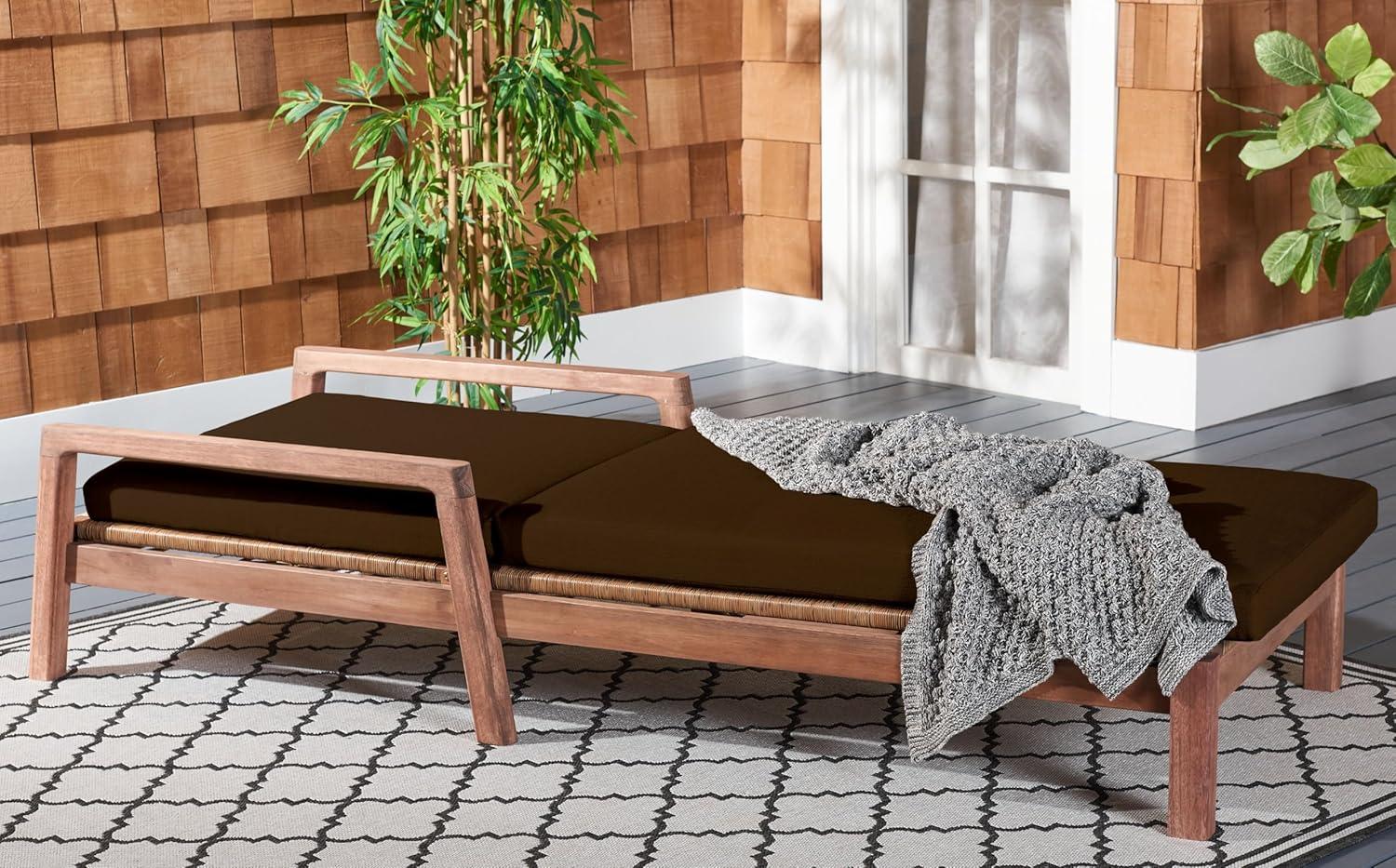 image:imageSAFAVIEH Outdoor Couture Collection Donnamaria Natural Solid WoodWhite Cushion Wicker Chaise Lounge Chair CPT1027ANaturalDark Brown