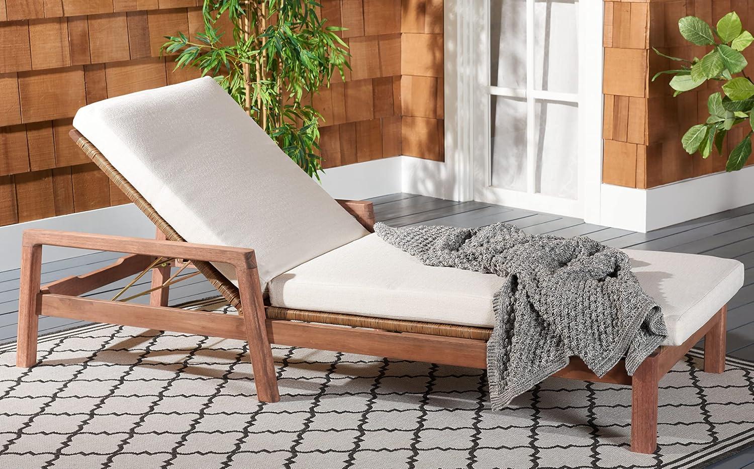 image:imageSAFAVIEH Outdoor Couture Collection Donnamaria Natural Solid WoodWhite Cushion Wicker Chaise Lounge Chair CPT1027ANaturalWhite