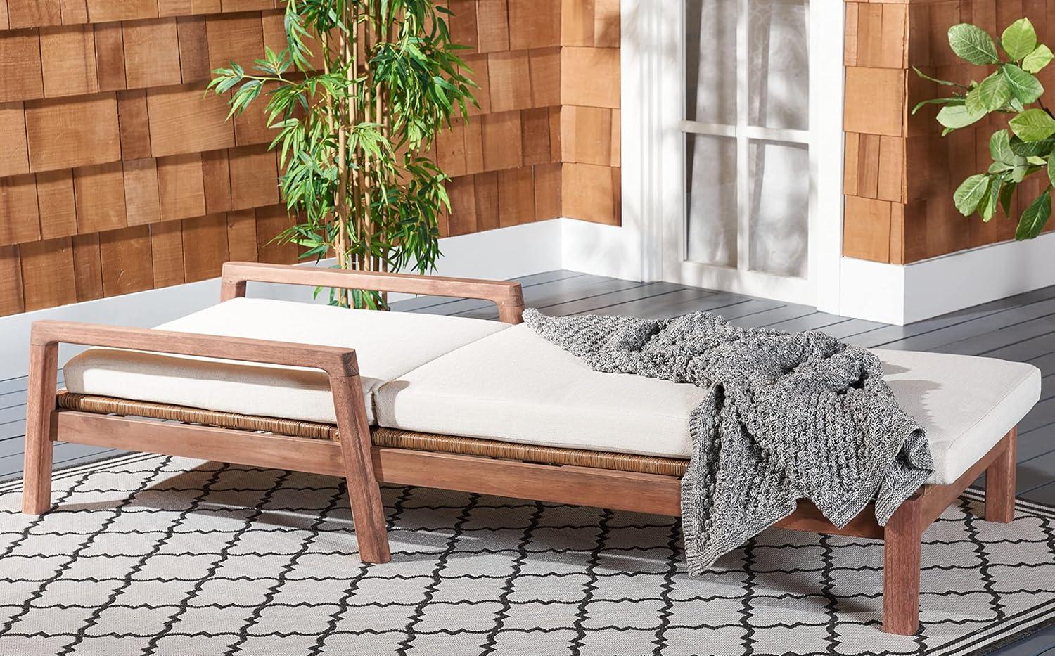 image:imageSAFAVIEH Outdoor Couture Collection Donnamaria Natural Solid WoodWhite Cushion Wicker Chaise Lounge Chair CPT1027ANaturalWhite