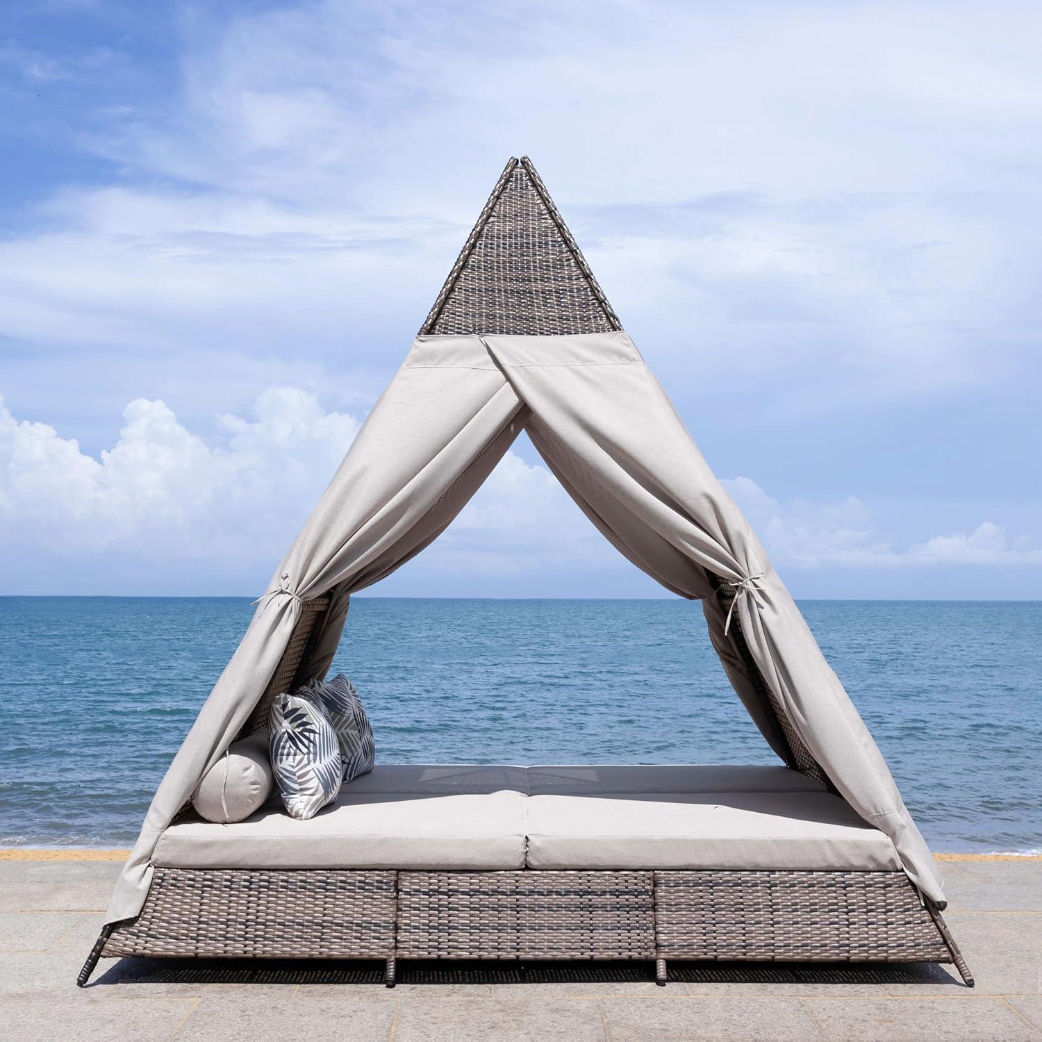 image:imageSAFAVIEH Outdoor Patio Furniture Collection Bongo Grey amp Light Grey Wicker Outdoor Daybed with Canopy Modern Pyramid Design PAT7736BGreyLight Grey